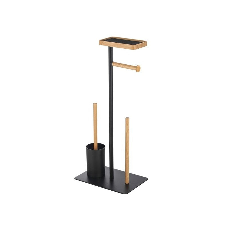MSV Toilettengarnitur Teiki – Bambus/Stahl, Schwarz matt, mit Klobürstenhalter, 29,5 × 20,0 × 67,0 cm