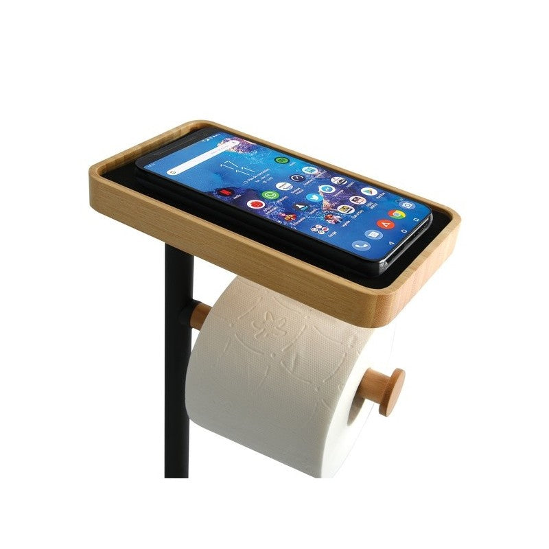 MSV Toilettengarnitur Teiki – Bambus/Stahl, Schwarz matt, mit Klobürstenhalter, 29,5 × 20,0 × 67,0 cm
