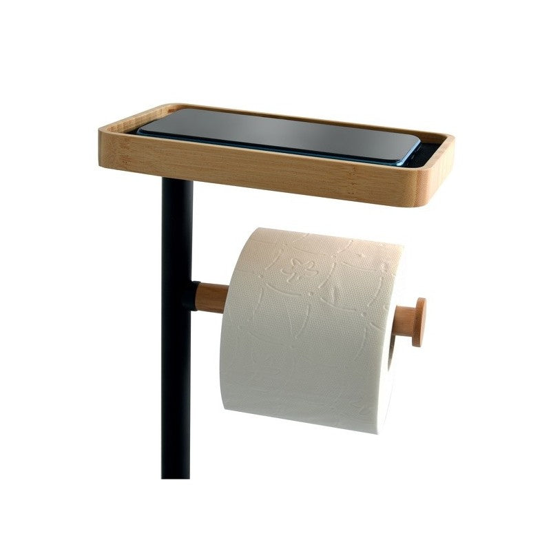 MSV Toilettengarnitur Teiki – Bambus/Stahl, Schwarz matt, mit Klobürstenhalter, 29,5 × 20,0 × 67,0 cm