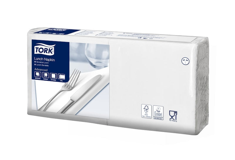 Tork Servietten – 33 × 33 cm – 2-lagig, Tissue, weiss – 200 Stk., FSC