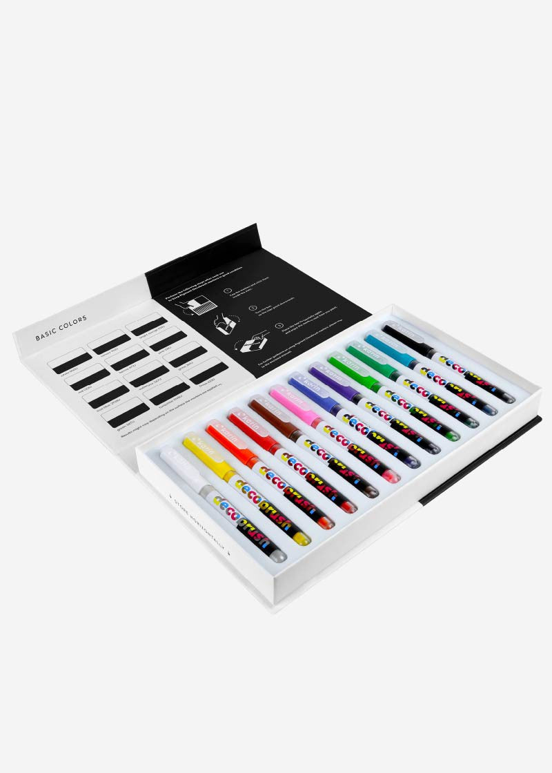Karin Pigment Decobrush Acrylmarker – Pinselspitze – Basic Colors, 12er-Set – für Glas, Metall und Kunststoff