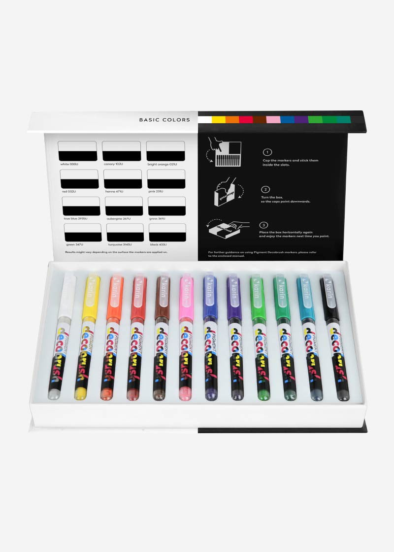 Karin Pigment Decobrush Acrylmarker – Pinselspitze – Basic Colors, 12er-Set – für Glas, Metall und Kunststoff
