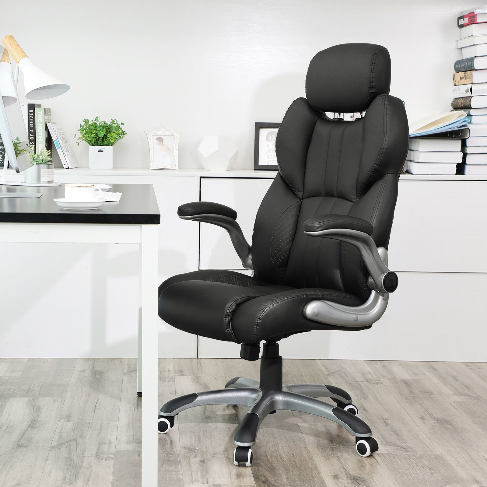 Songmics OBG65BK Bürostuhl – Kunstleder – Schwarz, mit Kopfstütze, 45–53 cm, bis 150 kg