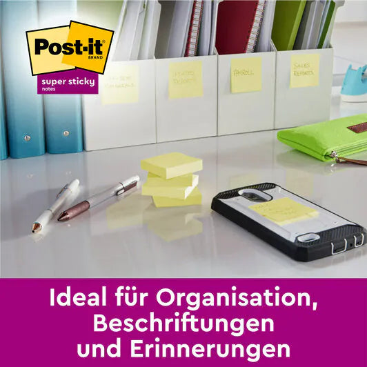 3M Post-it Haftnotizen Super Sticky – 47,6×47,6 mm – Gelb, 16×90 Blatt, PEFC