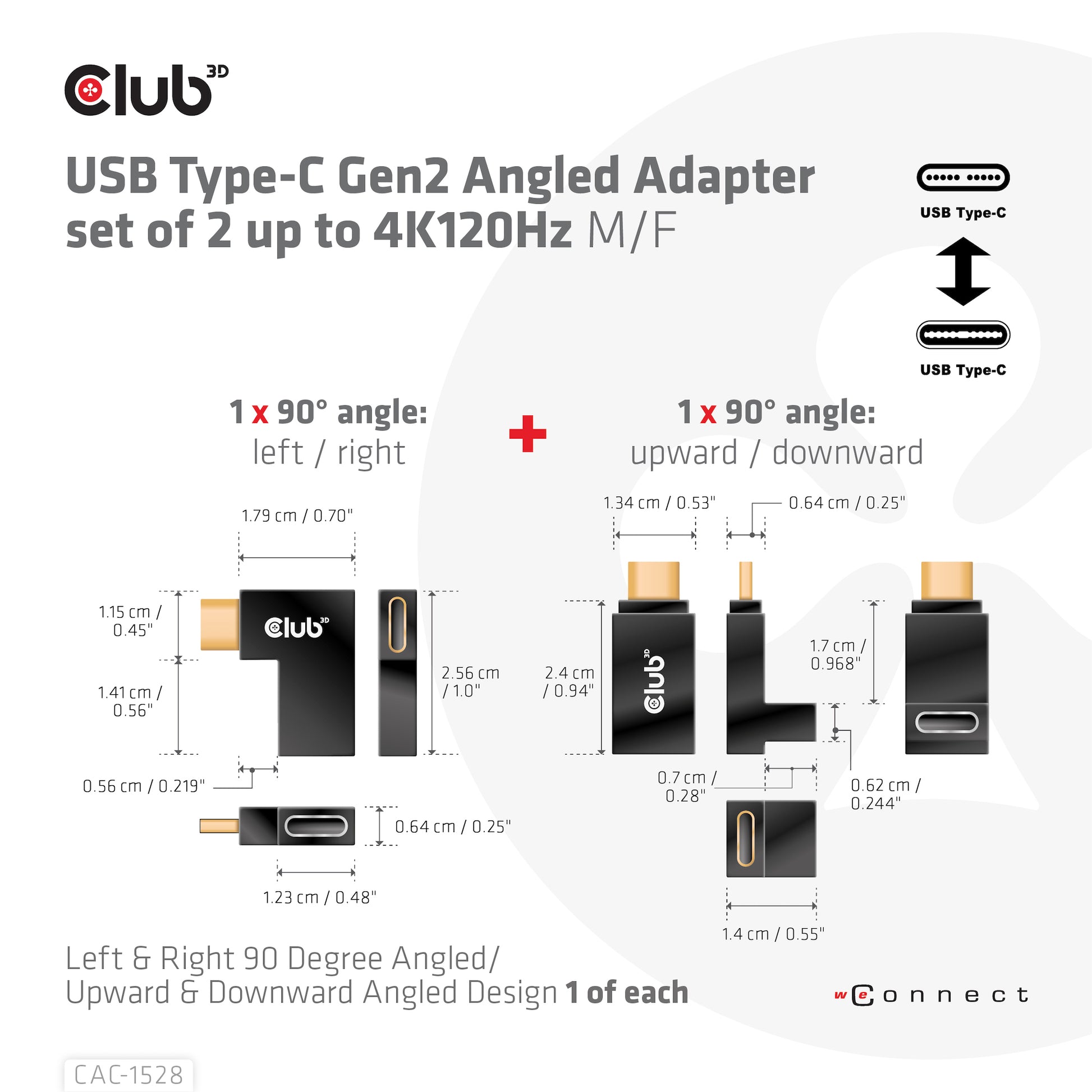 CLUB3D USB-C zu USB-C Adapter – 4K (3840 × 2160) @ 120 Hz, USB 3.2 Gen 2 (10 Gbit/s), gewinkelter Stecker