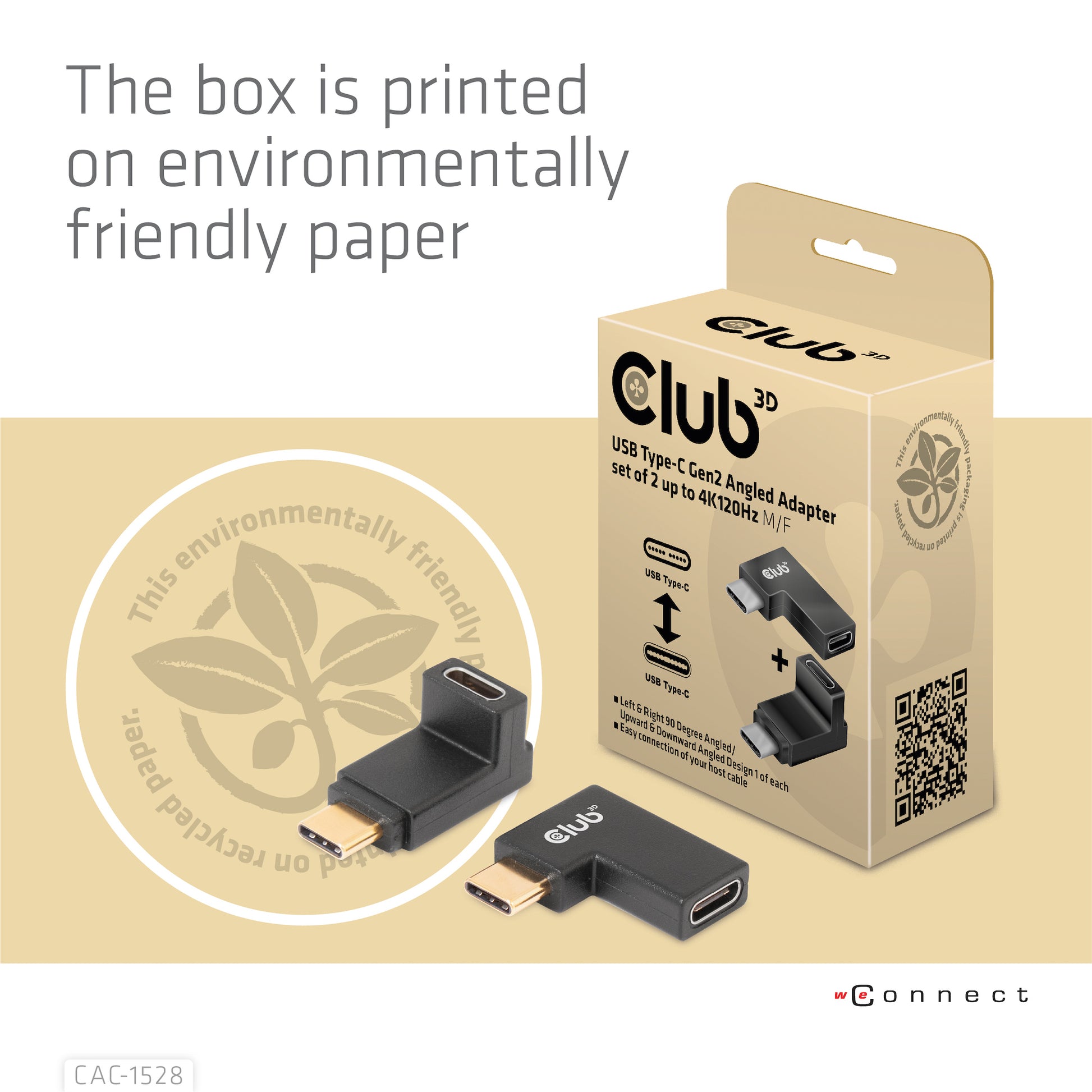 CLUB3D USB-C zu USB-C Adapter – 4K (3840 × 2160) @ 120 Hz, USB 3.2 Gen 2 (10 Gbit/s), gewinkelter Stecker