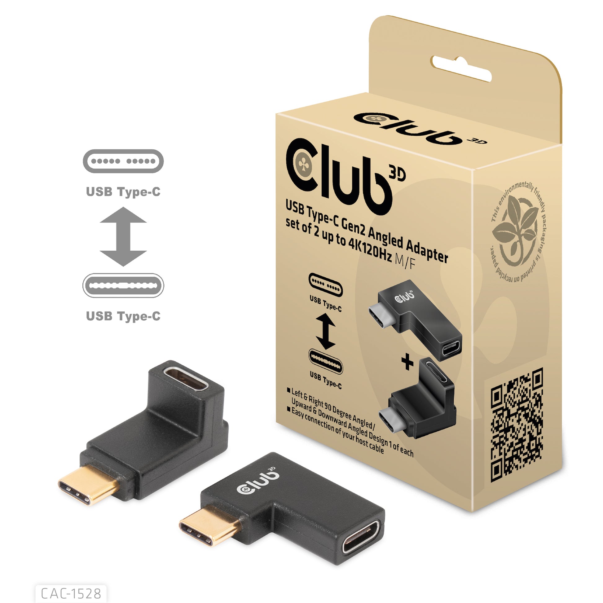 CLUB3D USB-C zu USB-C Adapter – 4K (3840 × 2160) @ 120 Hz, USB 3.2 Gen 2 (10 Gbit/s), gewinkelter Stecker