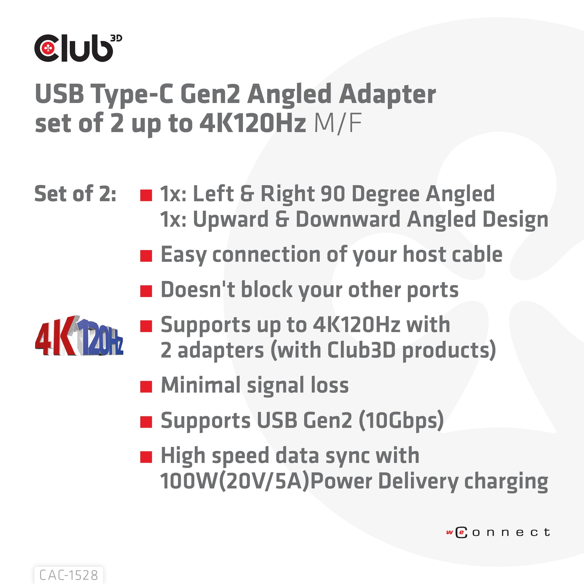 CLUB3D USB-C zu USB-C Adapter – 4K (3840 × 2160) @ 120 Hz, USB 3.2 Gen 2 (10 Gbit/s), gewinkelter Stecker