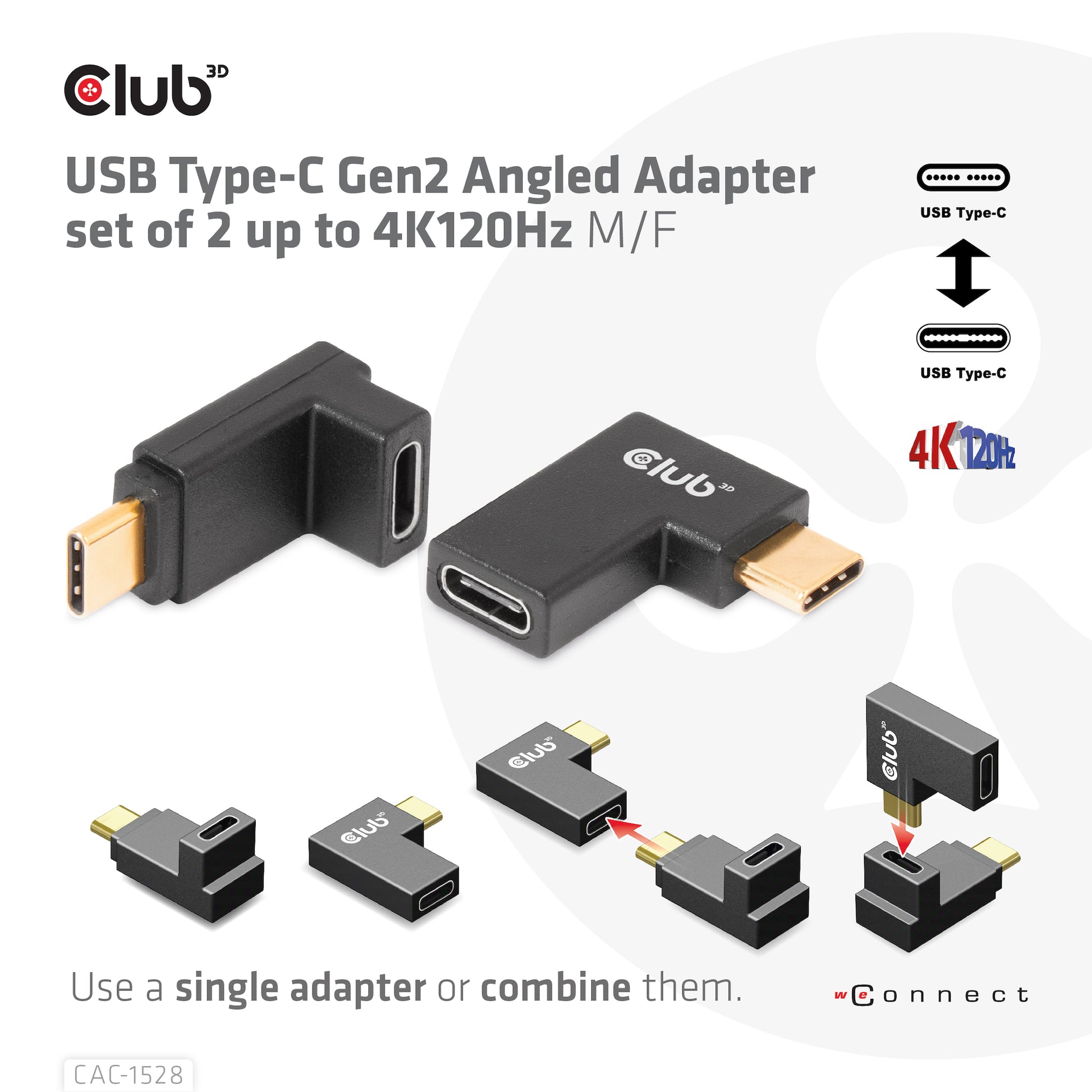 CLUB3D USB-C zu USB-C Adapter – 4K (3840 × 2160) @ 120 Hz, USB 3.2 Gen 2 (10 Gbit/s), gewinkelter Stecker