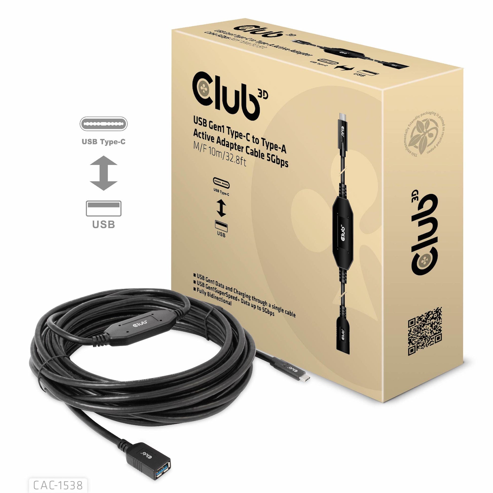 CLUB3D Club 3D – USB-Kabel, USB-C zu USB-A, 10 m, USB 3, Lade-/Datenkabel