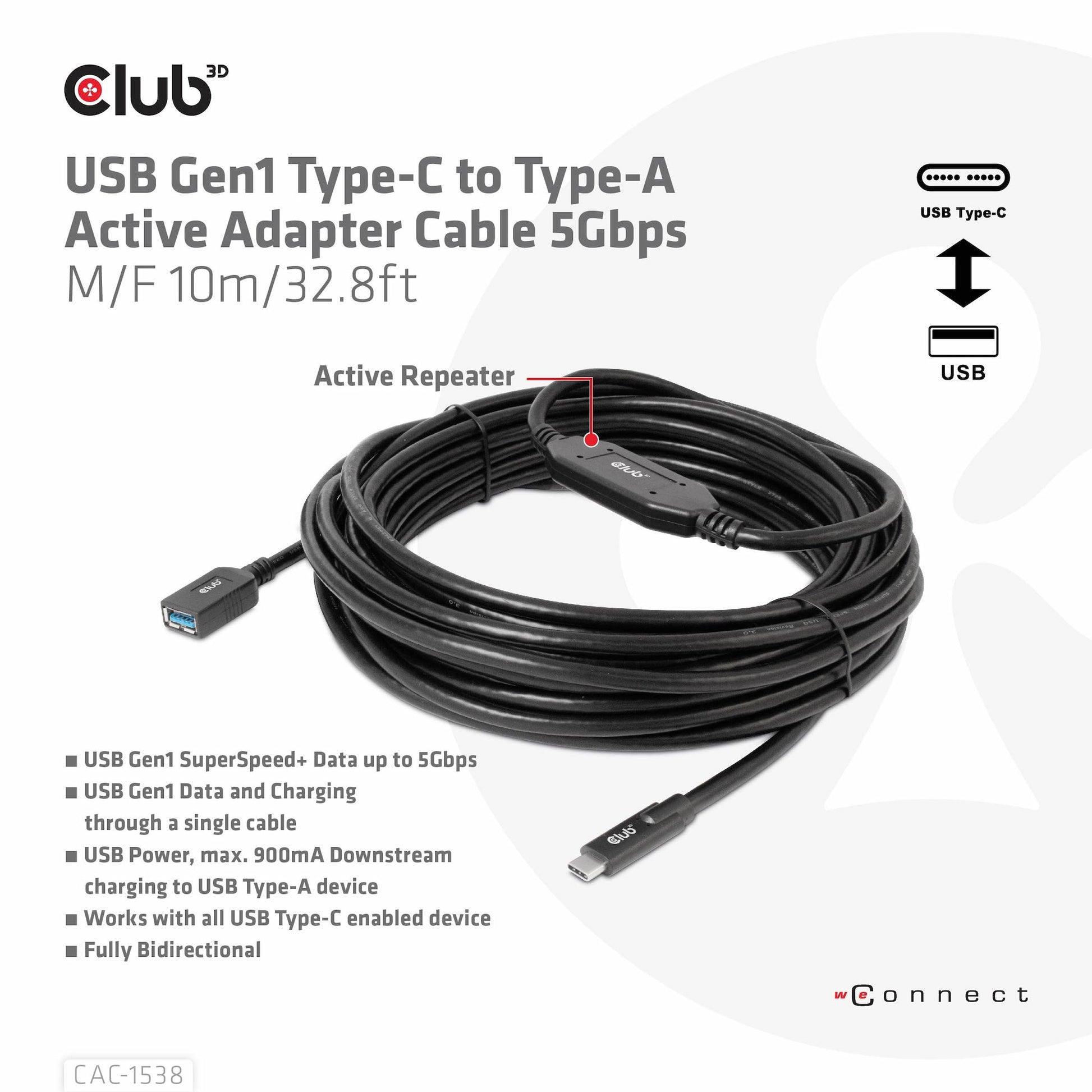 CLUB3D Club 3D – USB-Kabel, USB-C zu USB-A, 10 m, USB 3, Lade-/Datenkabel