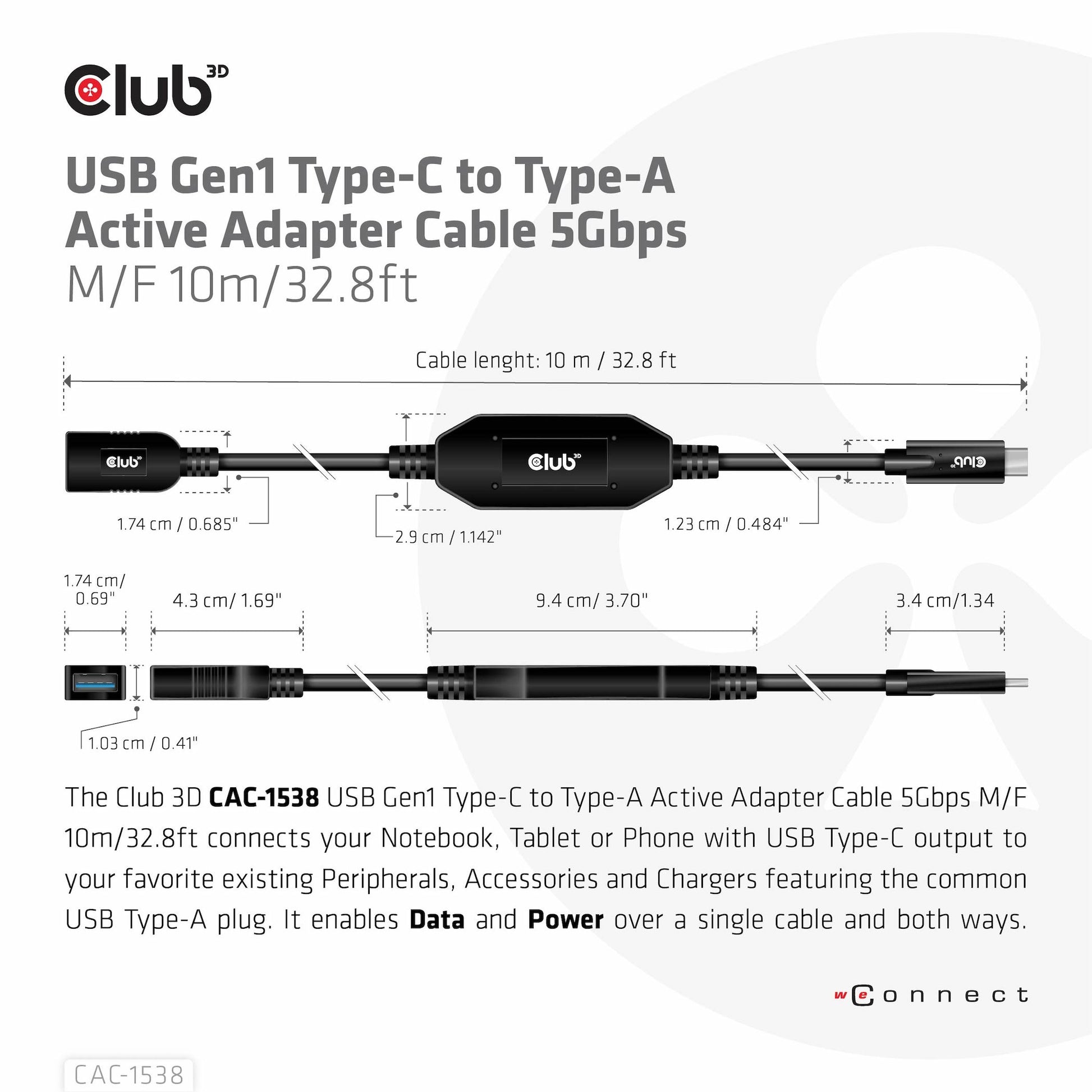 CLUB3D Club 3D – USB-Kabel, USB-C zu USB-A, 10 m, USB 3, Lade-/Datenkabel