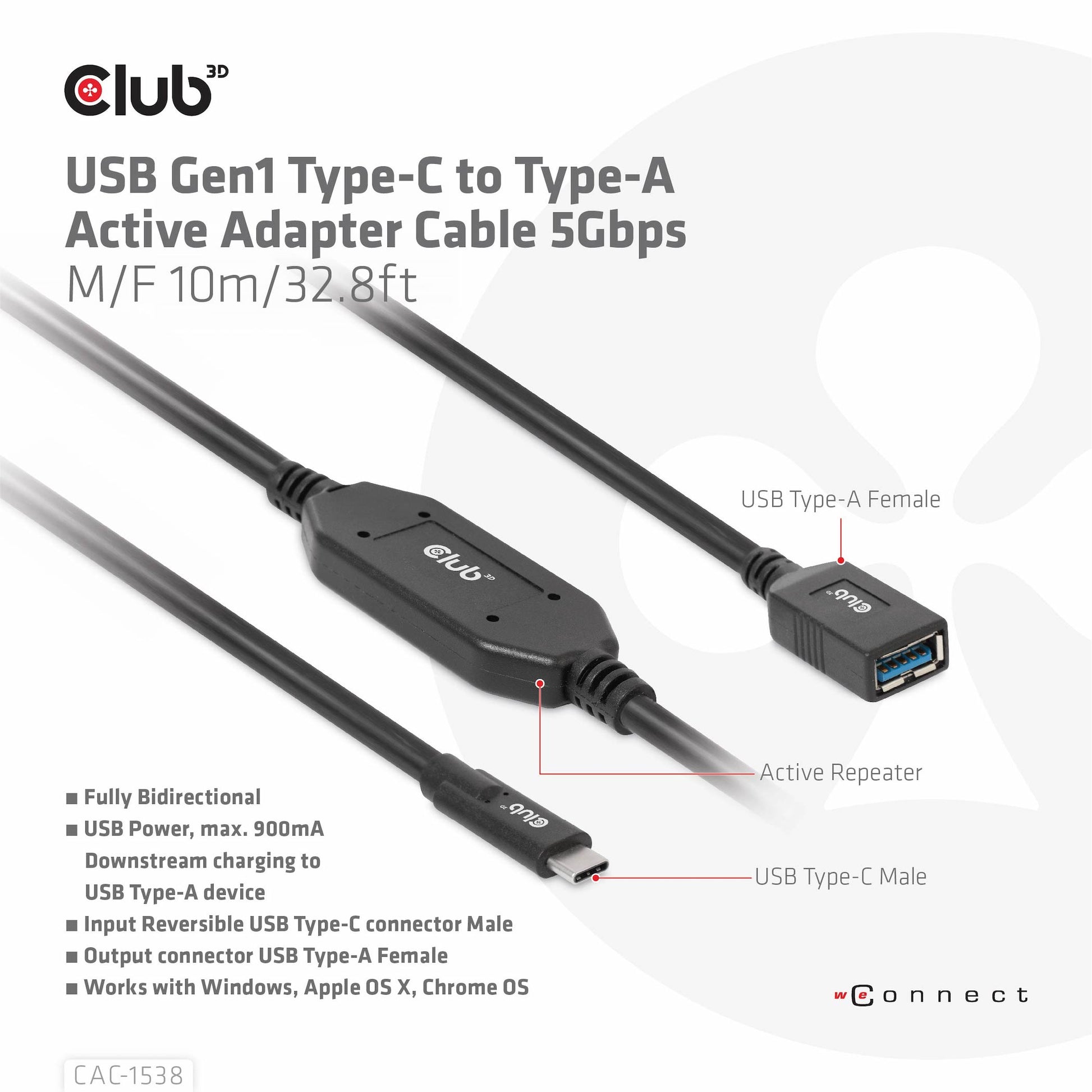 CLUB3D Club 3D – USB-Kabel, USB-C zu USB-A, 10 m, USB 3, Lade-/Datenkabel