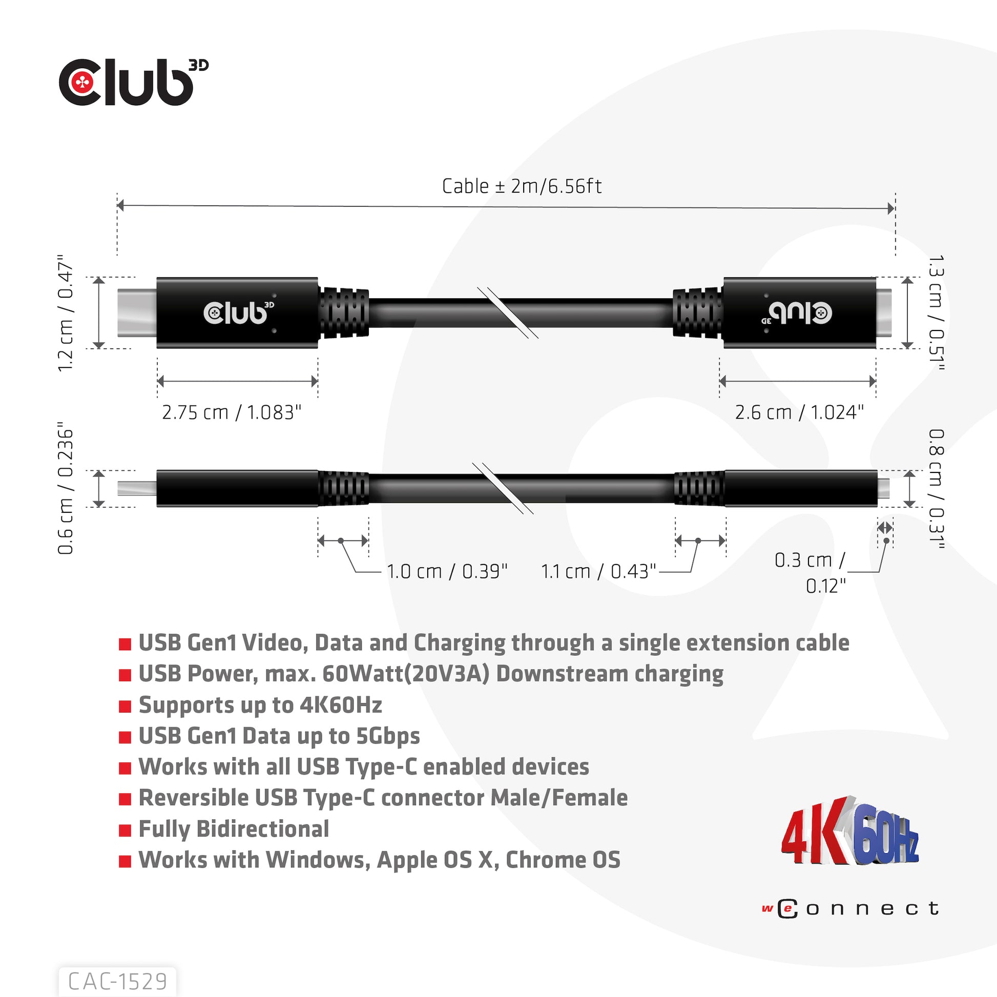 CLUB3D Club 3D – USB-C Verlängerungskabel (Stecker auf Buchse) – USB 3.2 Gen 1 (5 Gbit/s) – 2 m – PD 60 W – Schwarz