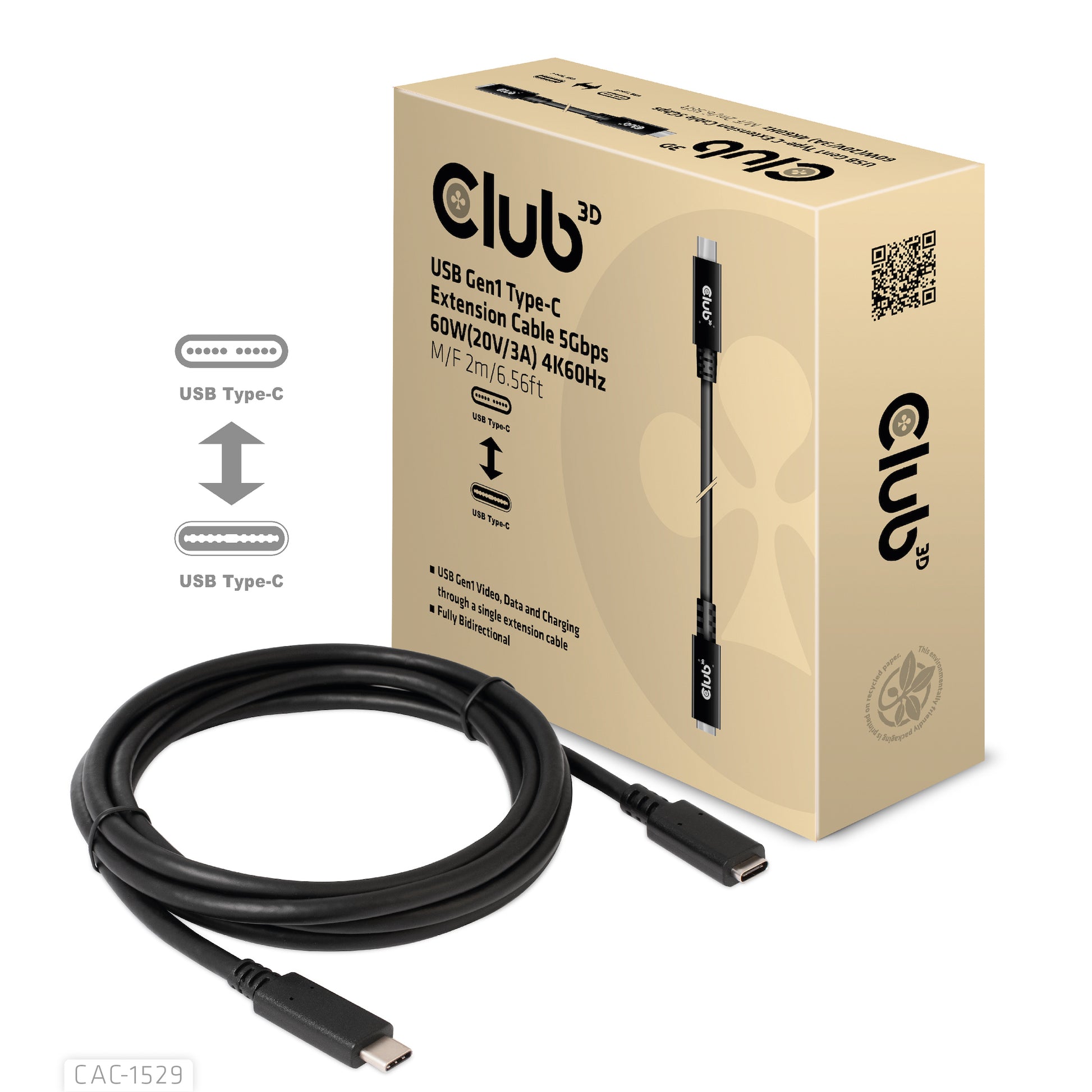 CLUB3D Club 3D – USB-C Verlängerungskabel (Stecker auf Buchse) – USB 3.2 Gen 1 (5 Gbit/s) – 2 m – PD 60 W – Schwarz