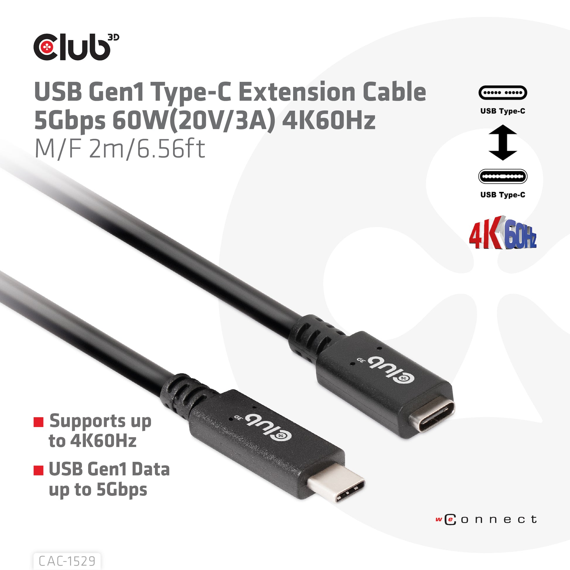 CLUB3D Club 3D – USB-C Verlängerungskabel (Stecker auf Buchse) – USB 3.2 Gen 1 (5 Gbit/s) – 2 m – PD 60 W – Schwarz