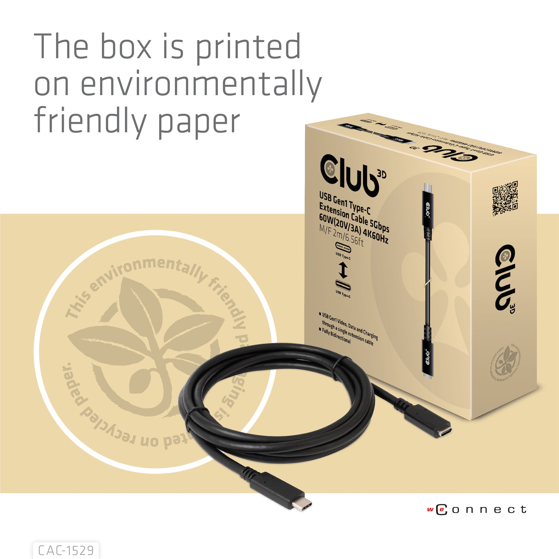 CLUB3D Club 3D – USB-C Verlängerungskabel (Stecker auf Buchse) – USB 3.2 Gen 1 (5 Gbit/s) – 2 m – PD 60 W – Schwarz