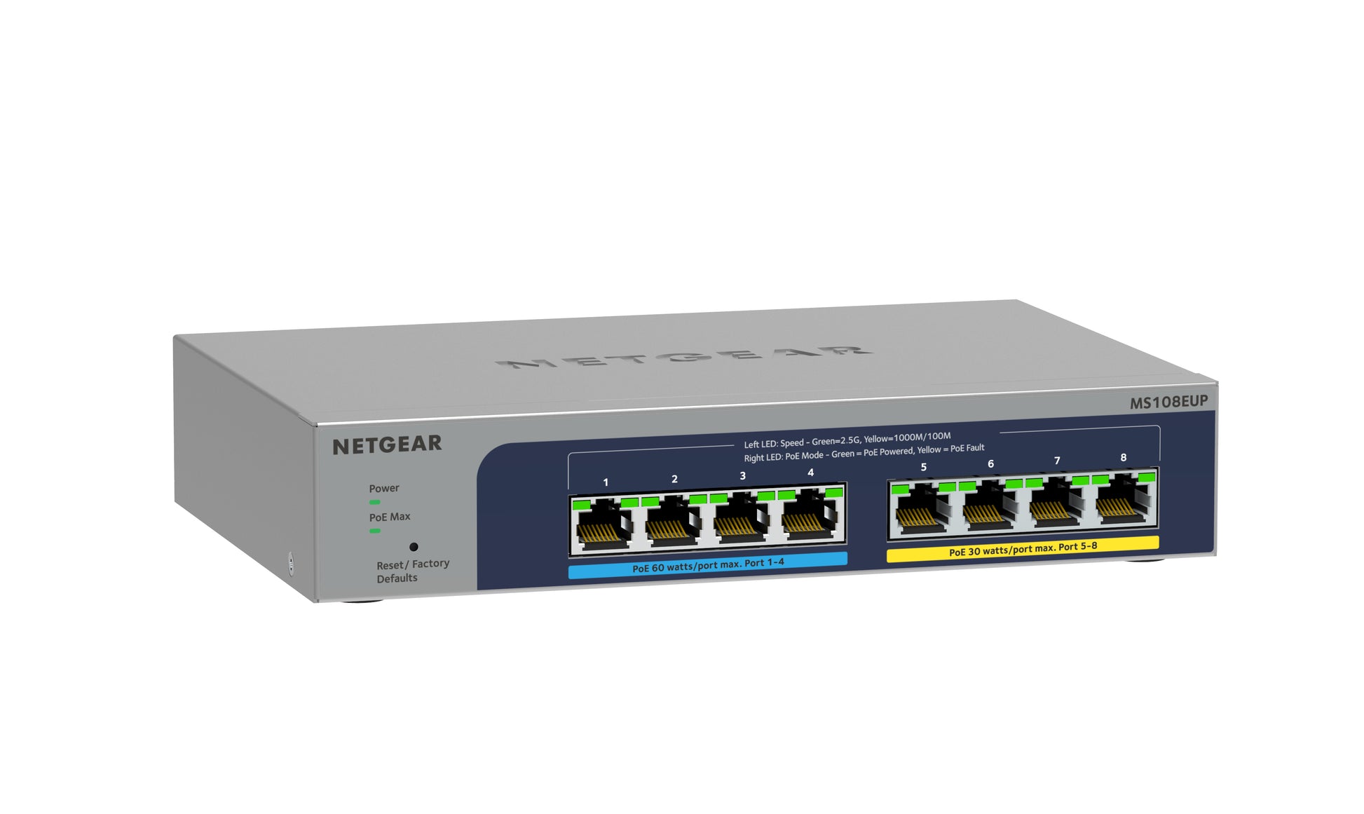 NETGEAR MS108EUP – Managed L2/L3 Switch – 8× 2,5G, PoE++, PoE-Budget 230 W, Desktop