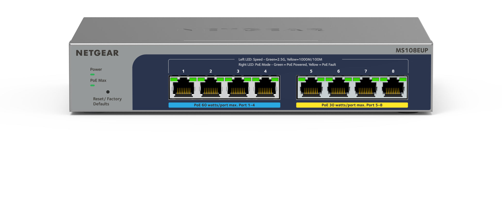 NETGEAR MS108EUP – Managed L2/L3 Switch – 8× 2,5G, PoE++, PoE-Budget 230 W, Desktop