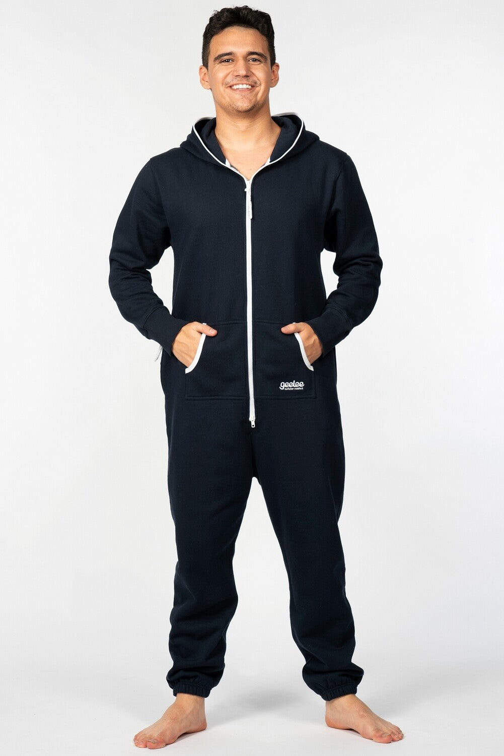 Switcher Jumpsuit – langarm, Reissverschluss, Känguru- + 2 Seitentaschen – Grösse L, dunkelblau, Baumwolle