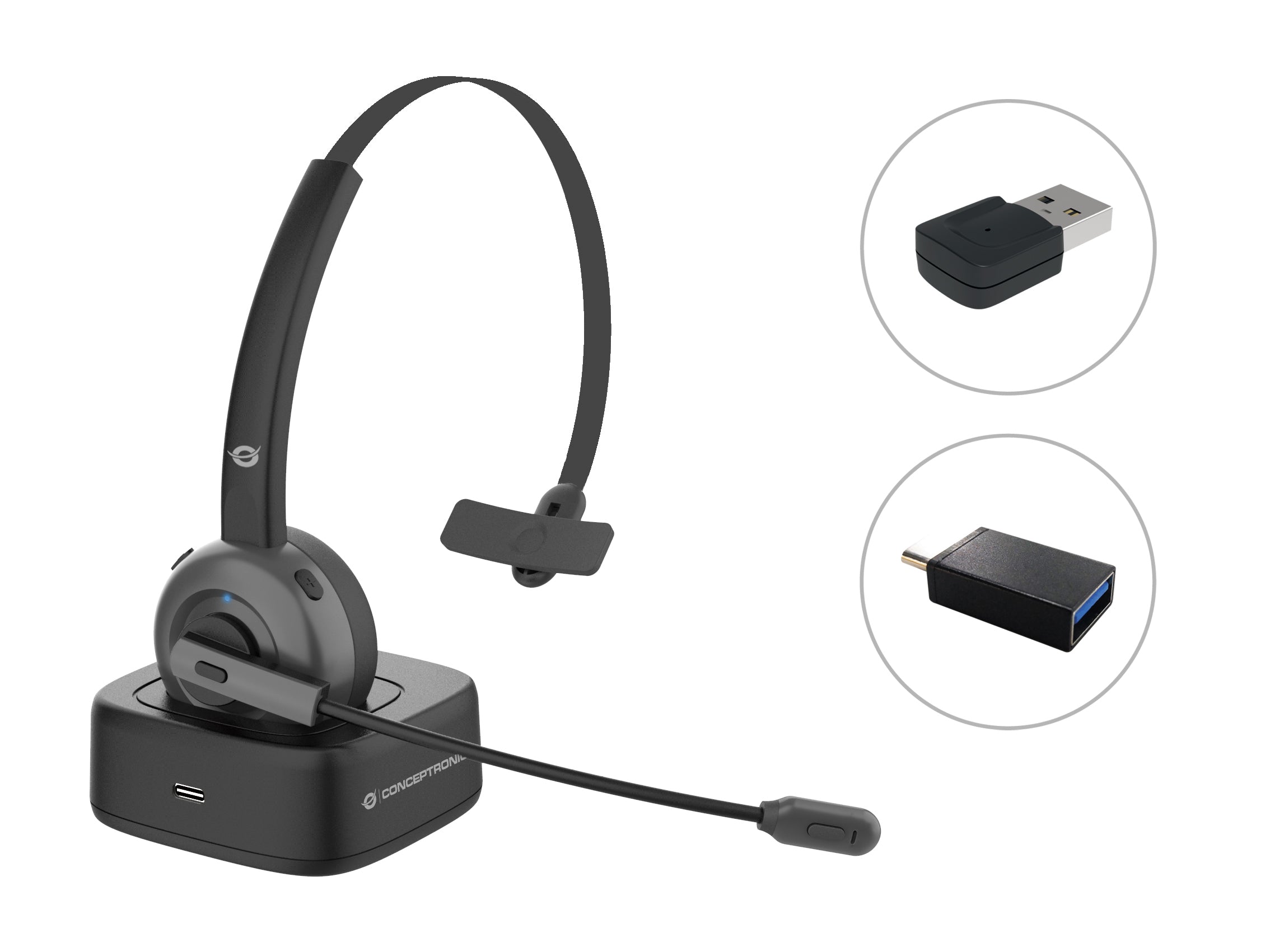 Conceptronic POLONA03BDA Office-Headset – On-Ear, Mono, BT, ANC, mit USB-A-Dongle & Ladestation, Schwarz