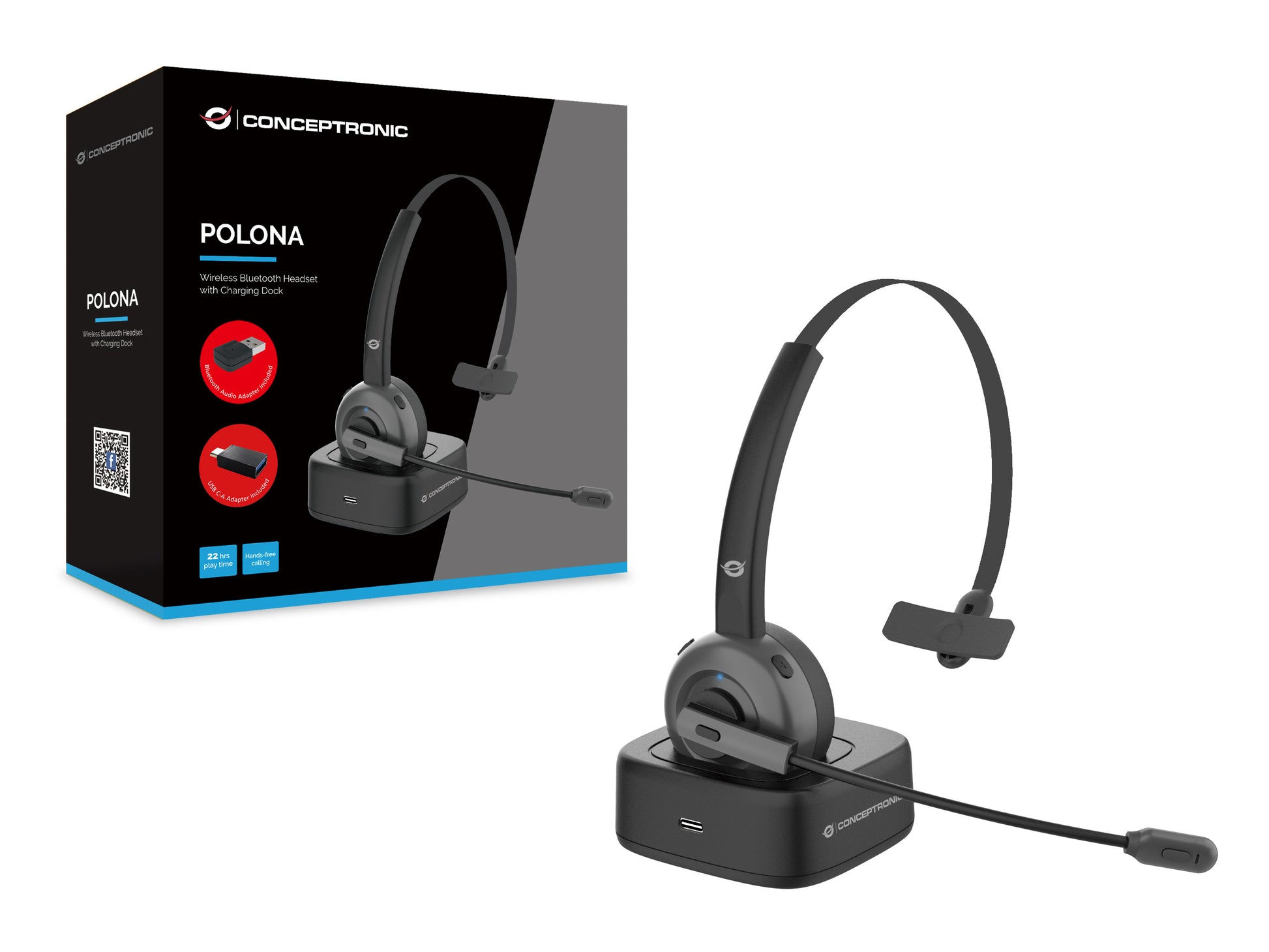Conceptronic POLONA03BDA Office-Headset – On-Ear, Mono, BT, ANC, mit USB-A-Dongle & Ladestation, Schwarz