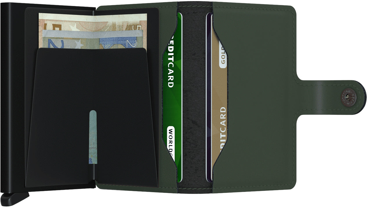 Secrid Miniwallet – RFID-Schutz, 10 Karten – 65×102×21 mm – Dunkelgrün/Schwarz – Leder/Aluminium