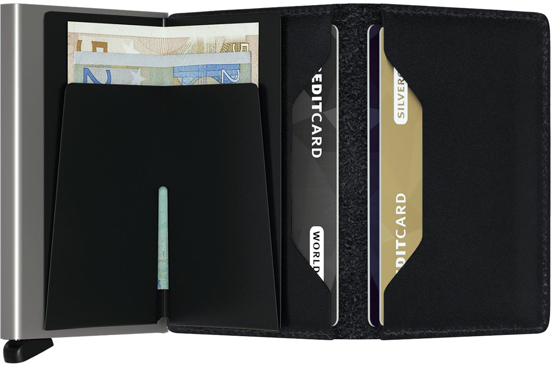 Secrid Kartenetui – RFID-Schutz, für bis zu 12 Karten – 68×16×102 mm – schwarz, Aluminium, Leder – 1 Stk.