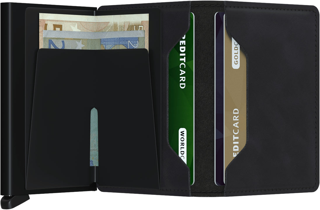 Secrid Slimwallet Kartenetui – RFID-Schutz – 68 × 102 × 16 mm, 12 Karten – Schwarz Matt – Aluminium, Leder