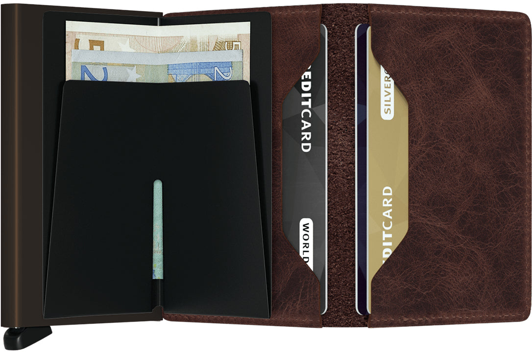 Secrid Slimwallet Kartenetui – RFID-Schutz, 12 Karten – 68×102×16 mm – Schokolade, Aluminium/Leder