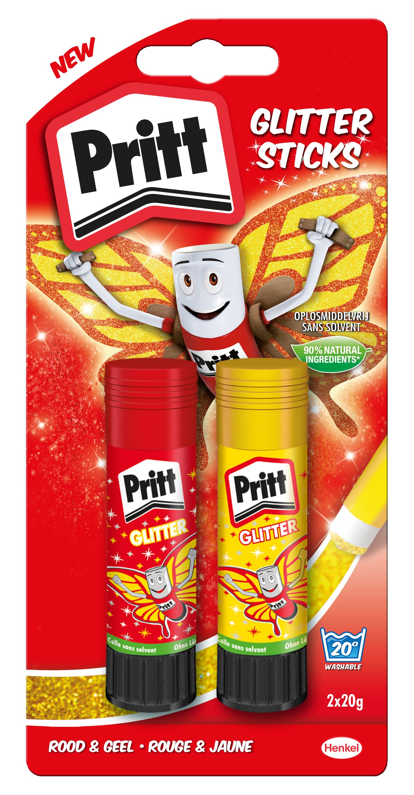 Pritt Glitzer Klebestift – 2 × 20 g, rot, gelb, für Papier, Karton, Fotos