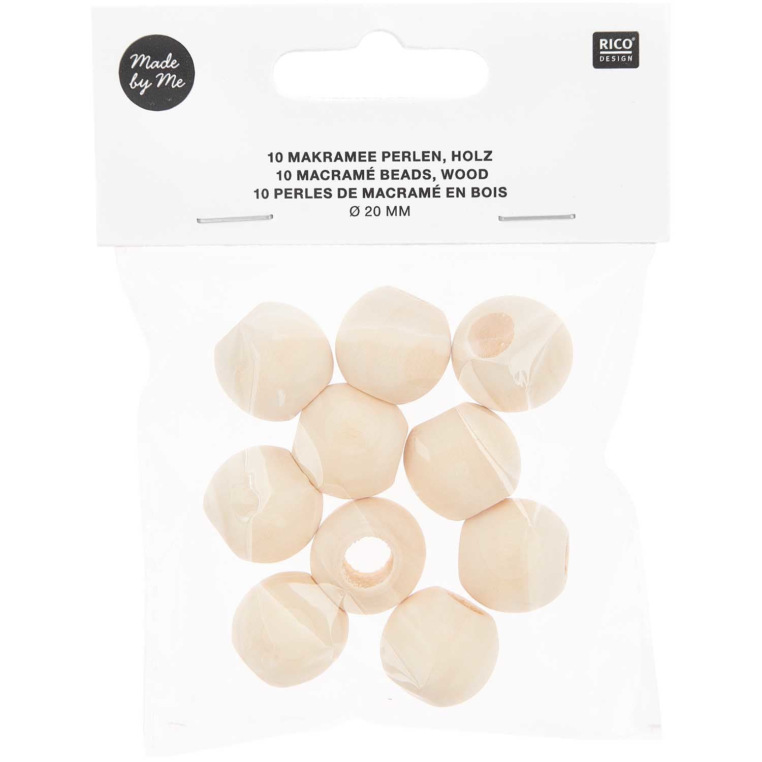 Rico Design Holzperlen Makramee – natur – Ø 20 mm, Loch 10 mm, Grossloch – 10 Stk.