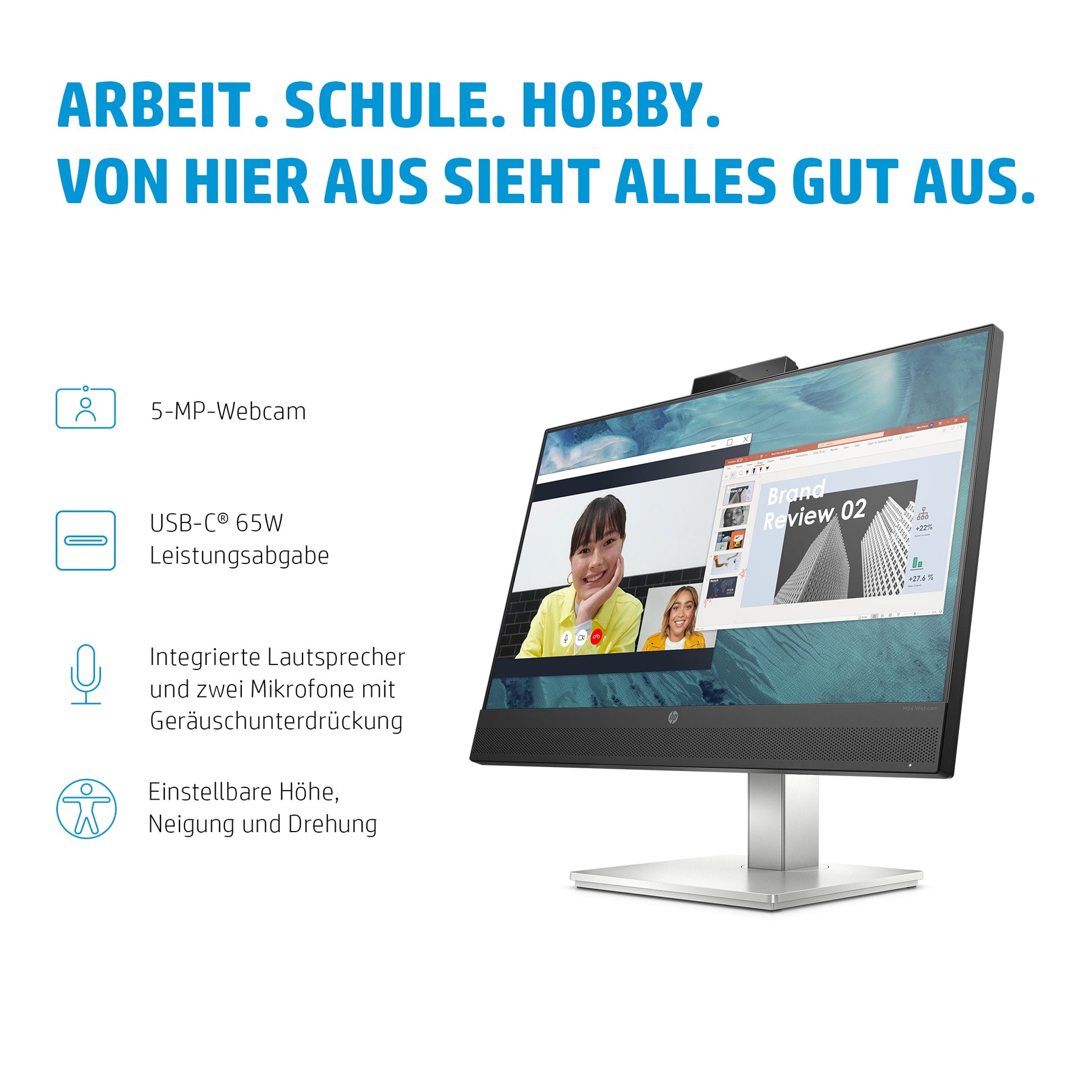 HP E24m G4 – Monitor, 23,8", 300 cd/m², Webcam, Mikrofon, Lautsprecher, USB-C PD 65 W, VESA 100 × 100, Schwarz