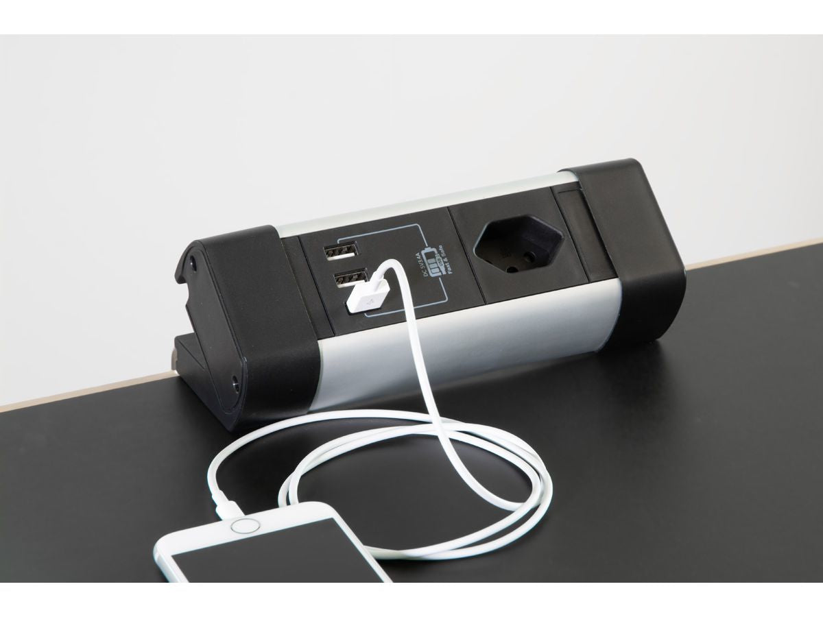 Max Hauri AG Max Hauri Alu-Office-Line Tischsteckdosenleiste, 4×T13, 3×USB, 2,5 m, ohne Schalter – schwarz/silber