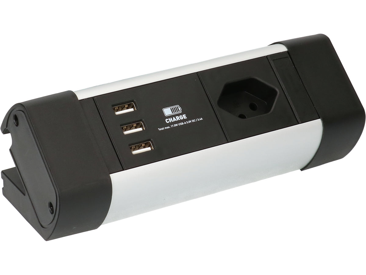 Max Hauri AG Max Hauri Alu-Office-Line Tischsteckdosenleiste, 4×T13, 3×USB, 2,5 m, ohne Schalter – schwarz/silber