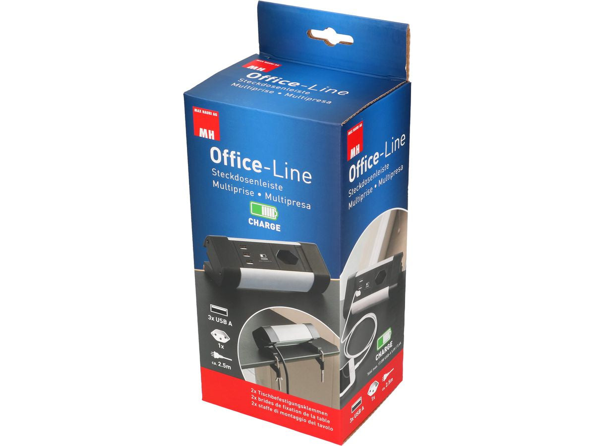 Max Hauri AG Max Hauri Alu-Office-Line Tischsteckdosenleiste, 4×T13, 3×USB, 2,5 m, ohne Schalter – schwarz/silber