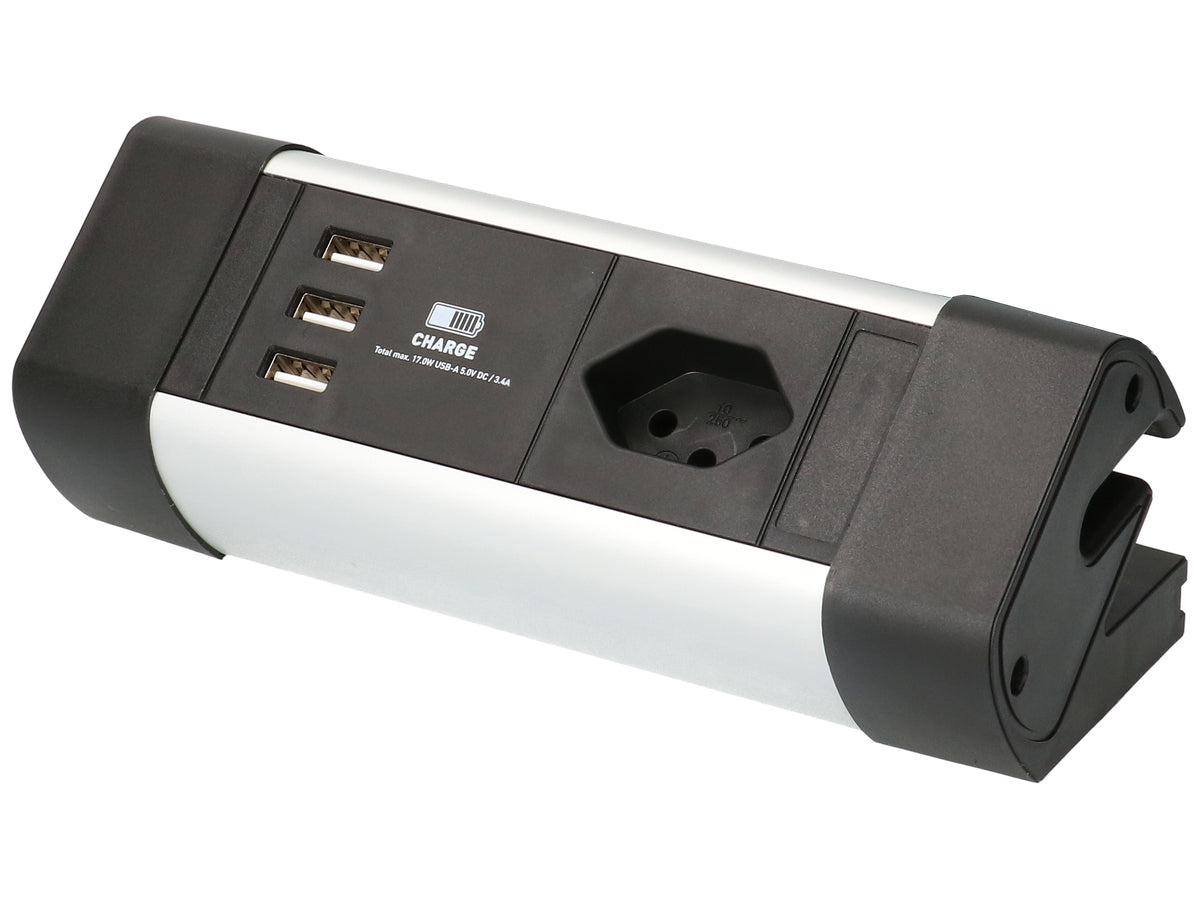 Max Hauri AG Max Hauri Alu-Office-Line Tischsteckdosenleiste, 4×T13, 3×USB, 2,5 m, ohne Schalter – schwarz/silber