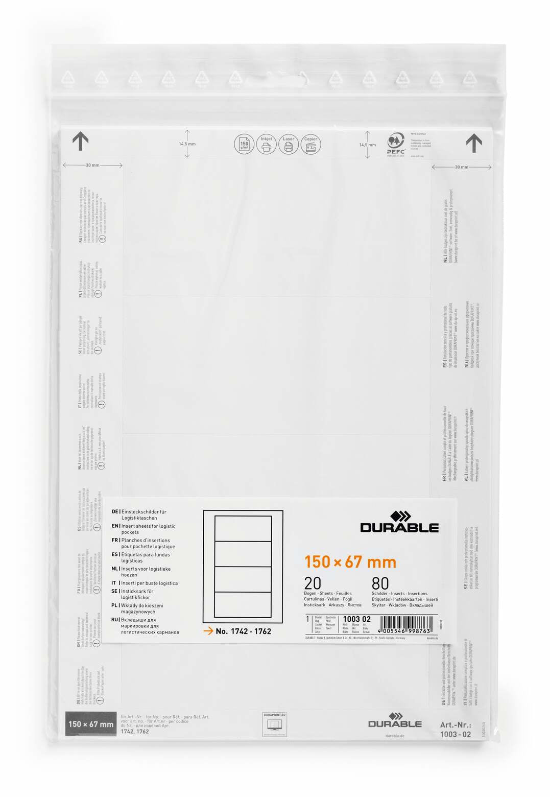 Durable Einsteckschilder – 150 × 67 mm, 80 Stk, 210 × 297 mm, Papier
