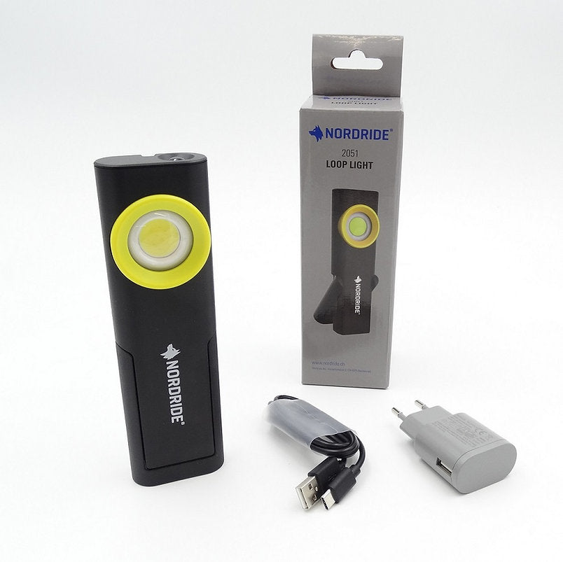 NORDRIDE Taschenlampe Loop Light – 500 lm, 3 Stufen, IP54, Akku 2200 mAh, Haken, Magnet – Schwarz