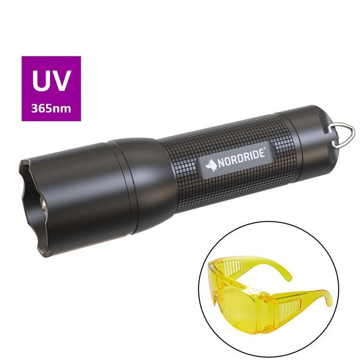 NORDRIDE Taschenlampe UV 365A – 320 lm, 28 m, IP65, 3× AAA – Schwarz
