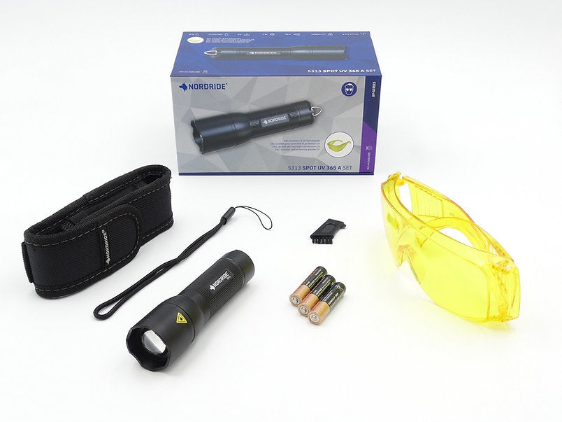 NORDRIDE Taschenlampe UV 365A – 320 lm, 28 m, IP65, 3× AAA – Schwarz