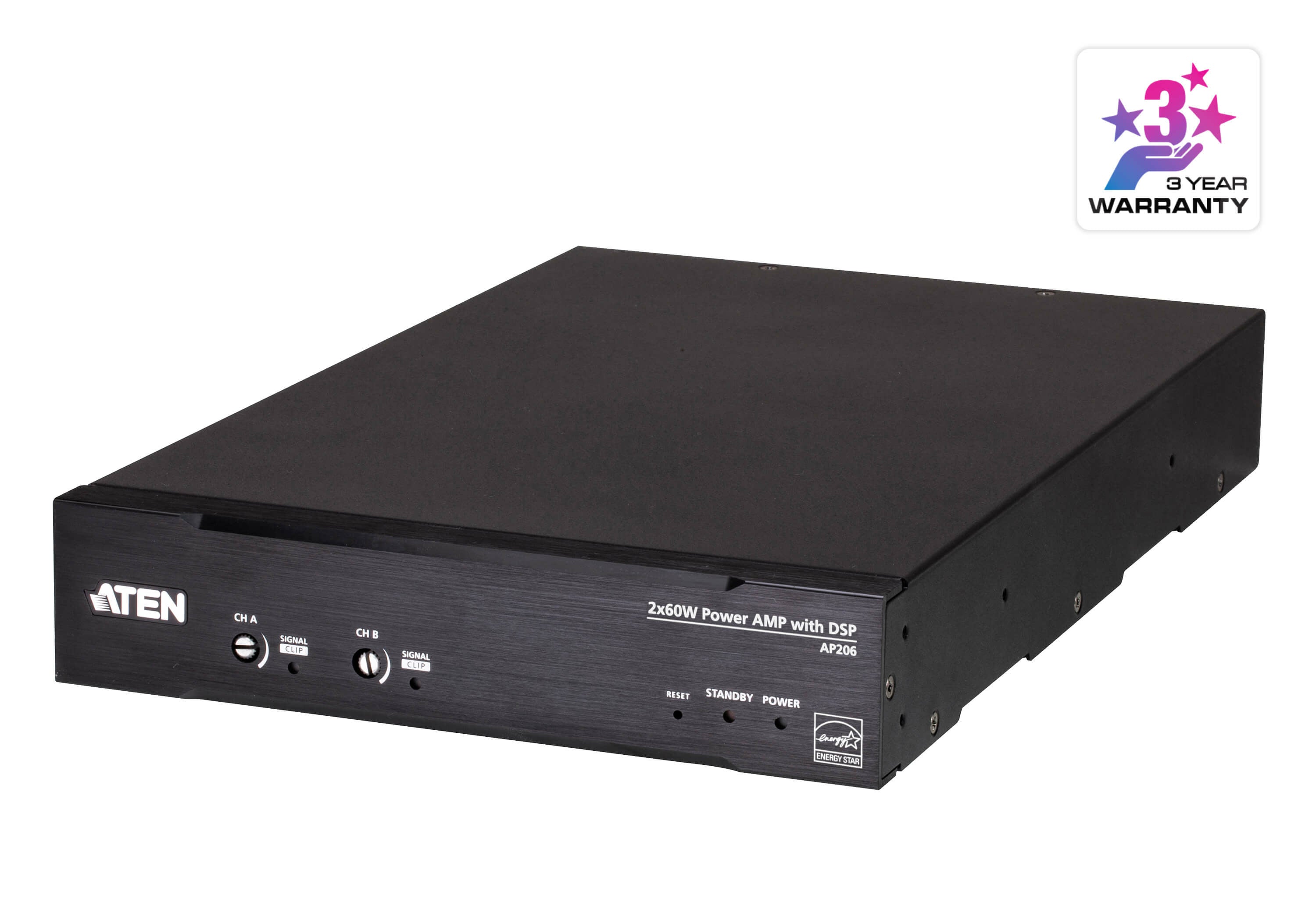 ATEN AP206 – Stereo-Vollverstärker, 2×60 W (8 Ω), Euroblock, RS-232, Schwarz