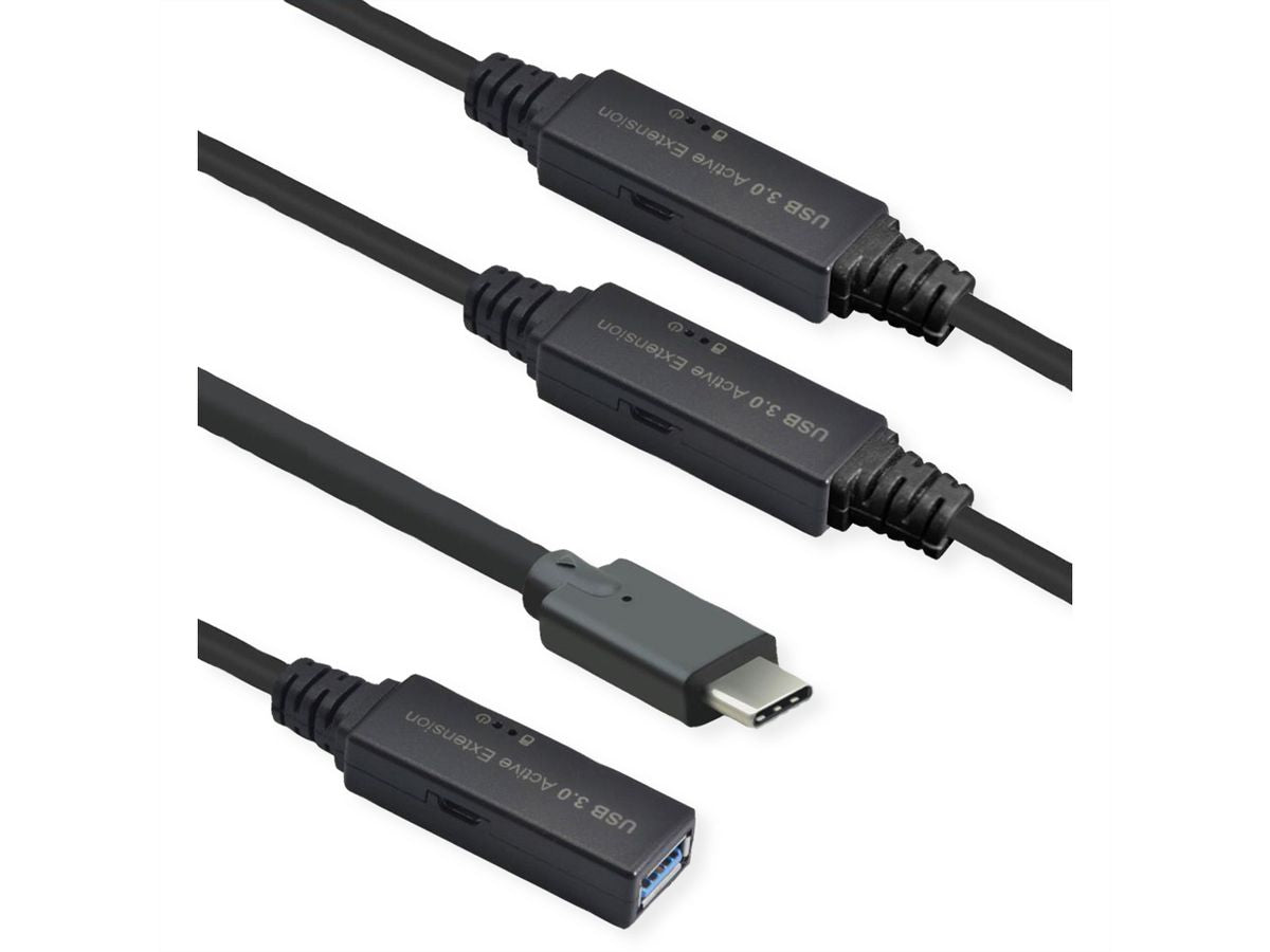 ROLINE USB-C Verlängerungskabel (Stecker auf Buchse) – USB 3.2 Gen 1 (5 Gbit/s) – 20 m – Schwarz