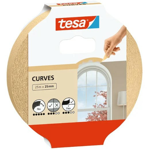tesa Krepp-Abdeckband – 25 mm × 25 m, beige, für Innenbereich, Kurven, glatte/raue Oberflächen