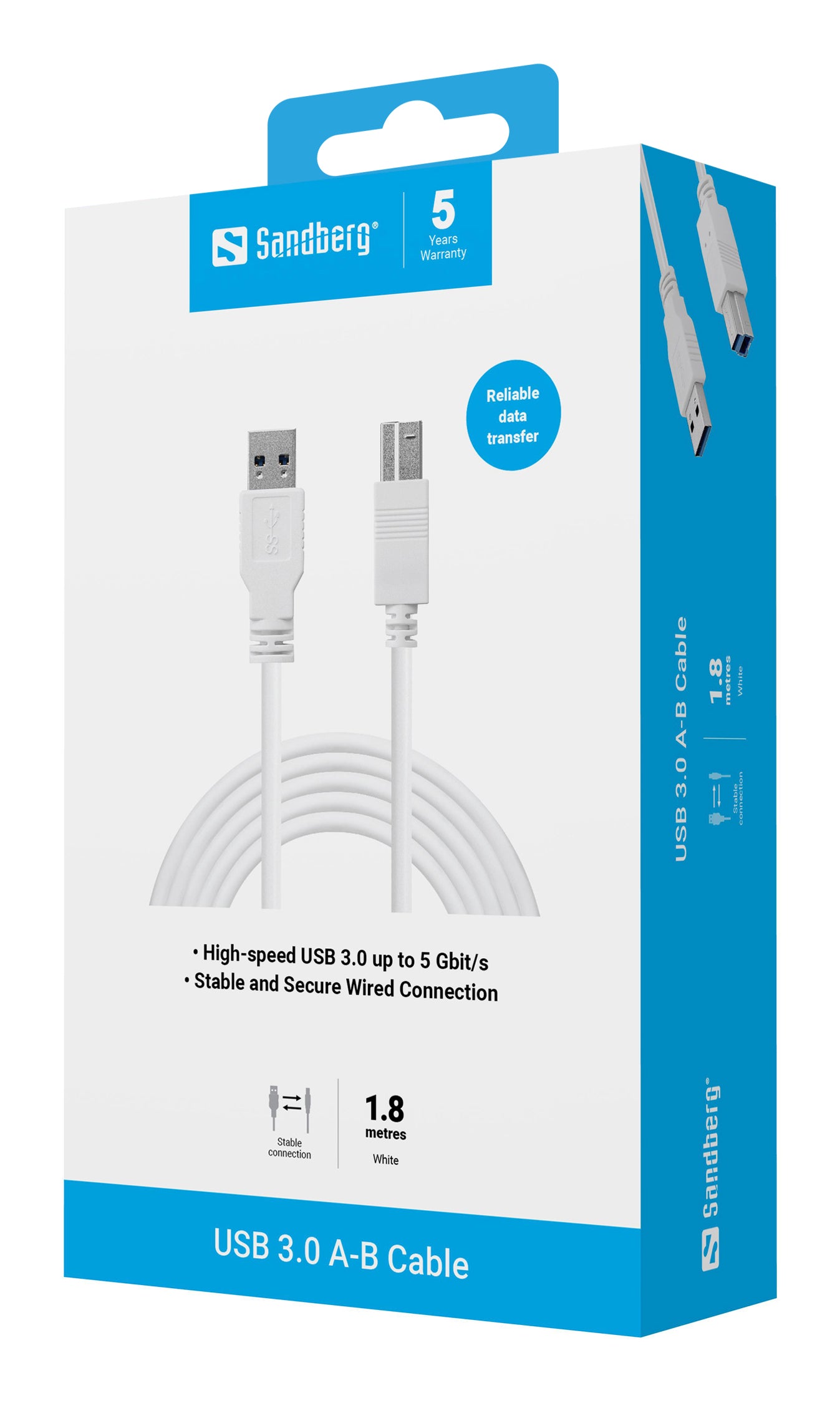 Sandberg USB-A auf USB-B Kabel – USB 3.2 Gen 1 (5 Gbit/s) – 1,8 m – Weiss