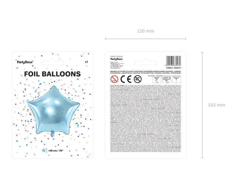 PartyDeco Folienballon Stern – Hellblau – 48 cm – Folie – 1 Stück