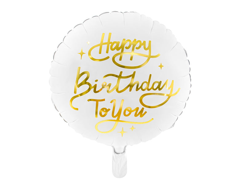 PartyDeco Folienballon Happy Birthday – Weiss/Gold – Ø 35 cm – Folie – 1 Stk – mit Helium befüllbar