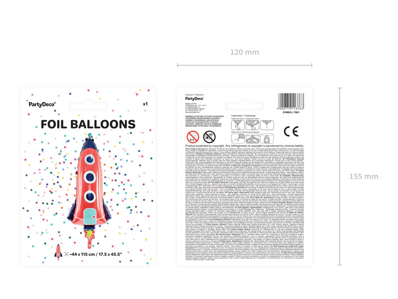 PartyDeco Folienballon Rakete – mehrfarbig – 44 × 115 cm – Folie – 1 Stk