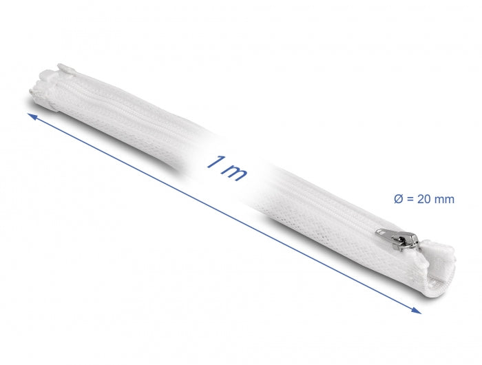 DeLOCK Kabelschlauch, Ø 20 mm × 1 m, wiederverwendbar, mit Reissverschluss, hitzebeständig – weiss