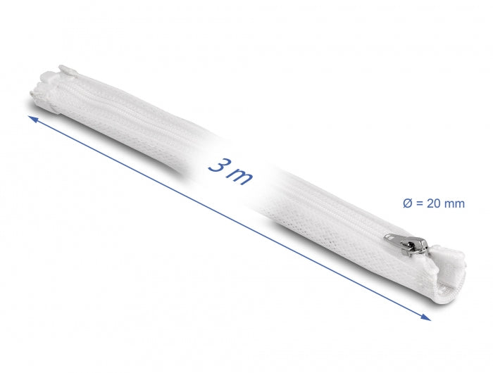 DeLOCK Kabelschlauch, Ø 20 mm, 3 m, Reissverschluss, wiederverwendbar, hitzebeständig – weiss